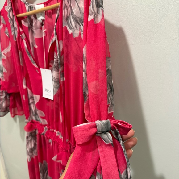 MISA Los Angeles Dariya Pink Floral Sheer Midi Dress NWT Tie Neck Boho Small - Picture 4 of 13